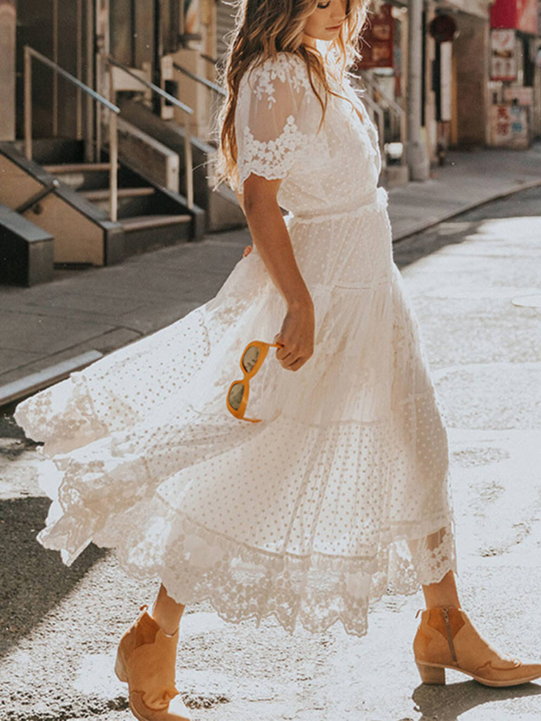 V-neck short-sleeve lace midi dress
