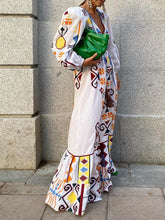 Load image into Gallery viewer, Holiday Style Lantern Sleeve Printed Long Dress