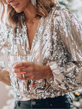 Load image into Gallery viewer, Elegant Patchwork Fold Sequins V Neck Blouses