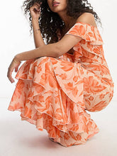 Load image into Gallery viewer, Shoulder Asymmetric Maxi Dress In Orange Floral Jacquard