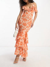 Load image into Gallery viewer, Shoulder Asymmetric Maxi Dress In Orange Floral Jacquard