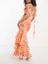 Load image into Gallery viewer, Shoulder Asymmetric Maxi Dress In Orange Floral Jacquard