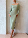 High Waist Solid Color Bodycon Slit Midi Dress