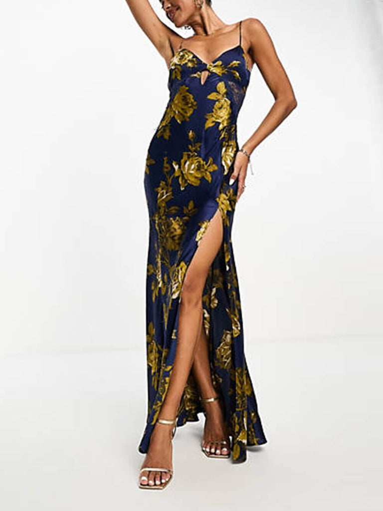 Navy Printed Satin Lace Maxi Dress