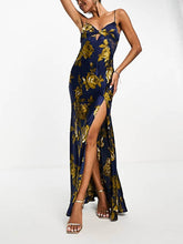 Load image into Gallery viewer, Navy Printed Satin Lace Maxi Dress