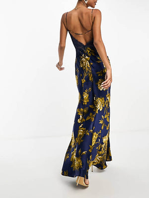 Navy Printed Satin Lace Maxi Dress