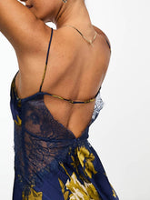 Load image into Gallery viewer, Navy Printed Satin Lace Maxi Dress
