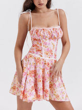 Load image into Gallery viewer, Pleated Floral A-Hem Suspender Mini Dress