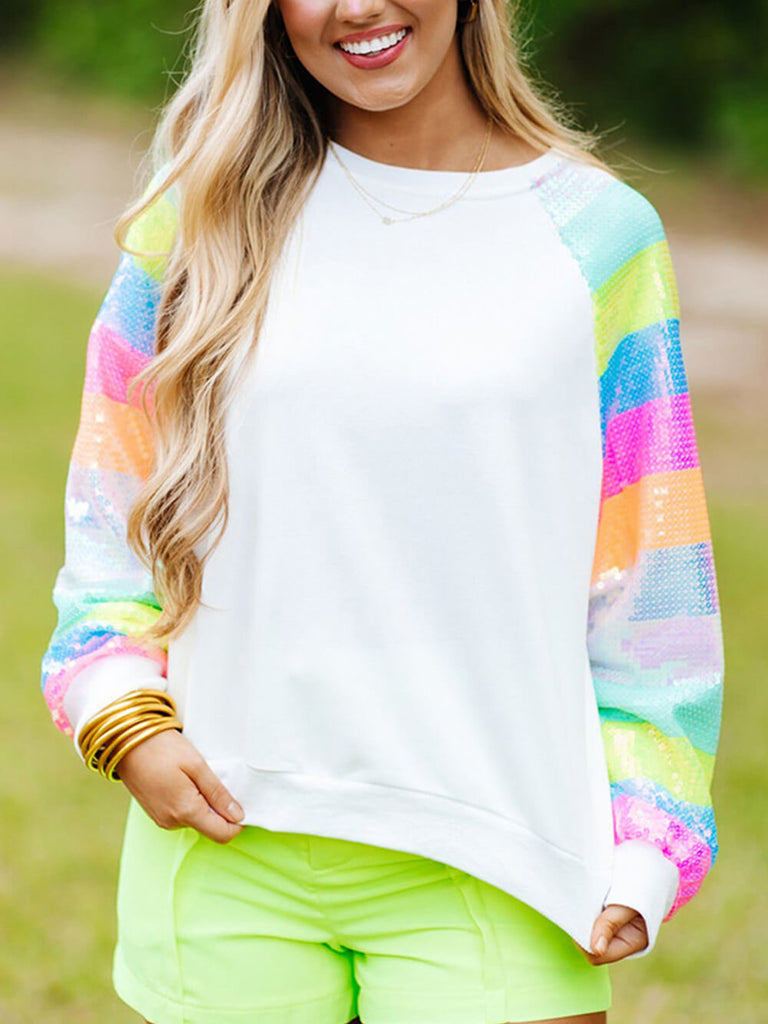 Sequin Patchwork Pullover Crew Neck Sweatshirt