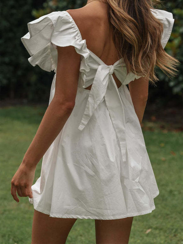 V-Neck Ruffle Sleeve Short Mini Dress