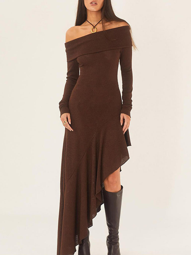 Bateau Neck Long Sleeve Maxi Dress