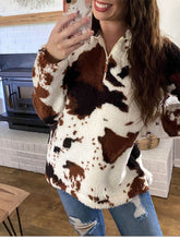 Load image into Gallery viewer, Cow Print Zipper Long Sleeve Pullover Sweatshirt