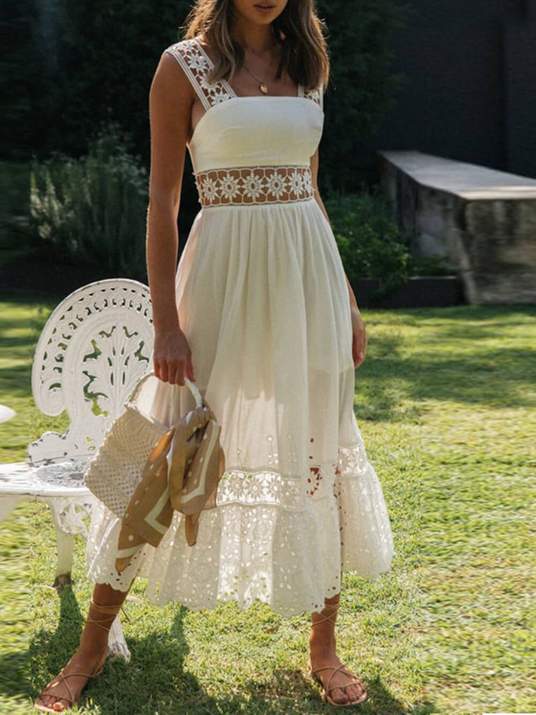 Long Lace Paneled Midi Dress With Full Hem