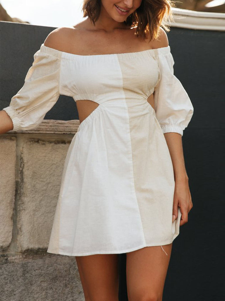 One-Shoulder Off-Waist Balloon Sleeve Mini Dress