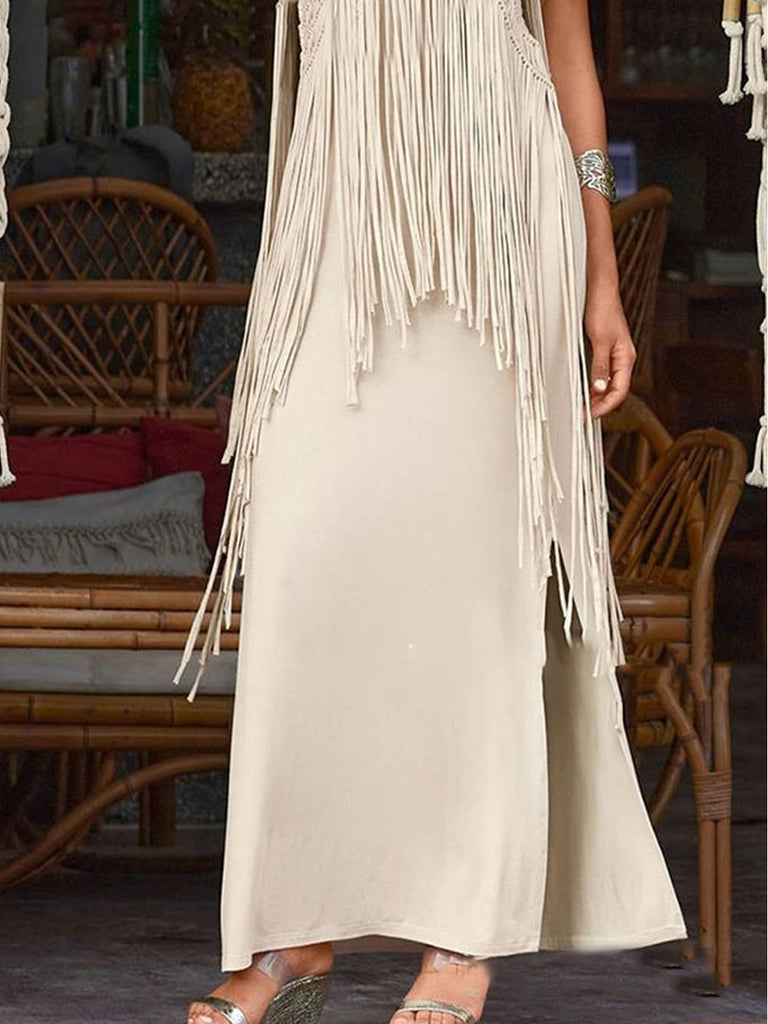 Sexy V-neck Fringe Detail Side Slit Dress