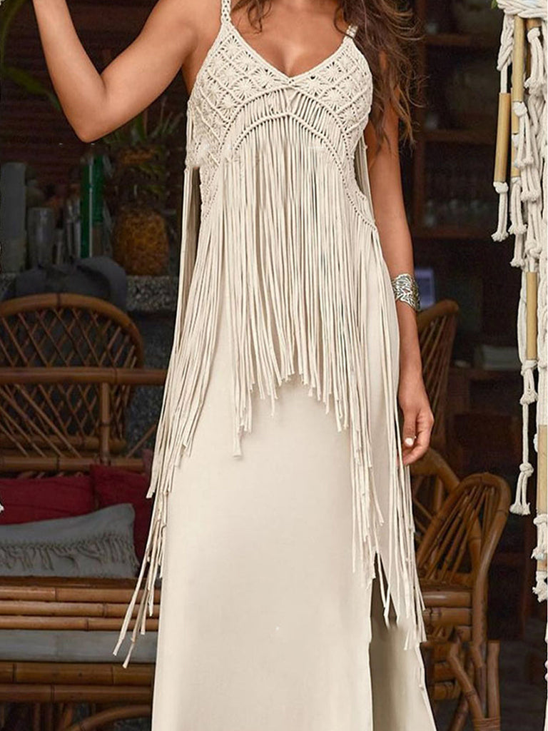 Sexy V-neck Fringe Detail Side Slit Dress