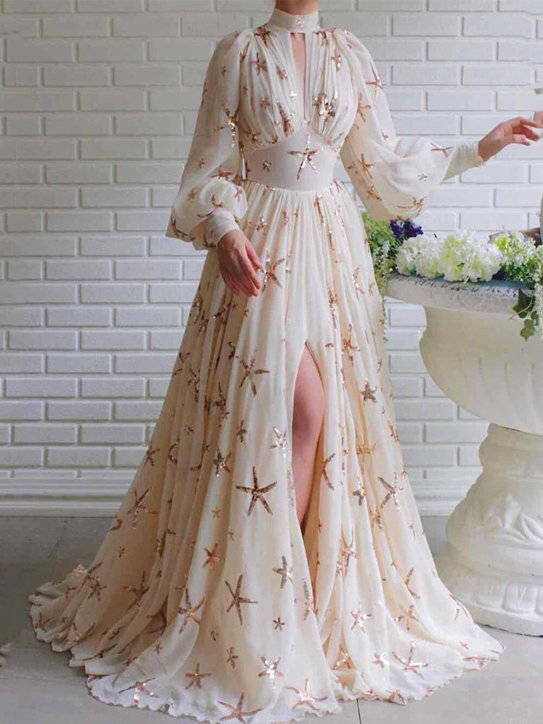 Robe longue en mousseline à paillettes