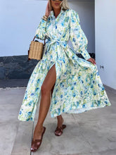 Laden Sie das Bild in den Galerie-Viewer, Charming Printed Shirt Buttons Plain Gold Floral Maxi Dress