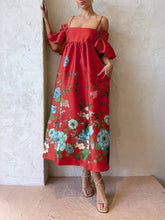 Lataa kuva Galleria-katseluun, Marigold Printed Gathered Sleeve Pocketed A-Line Midi Dress