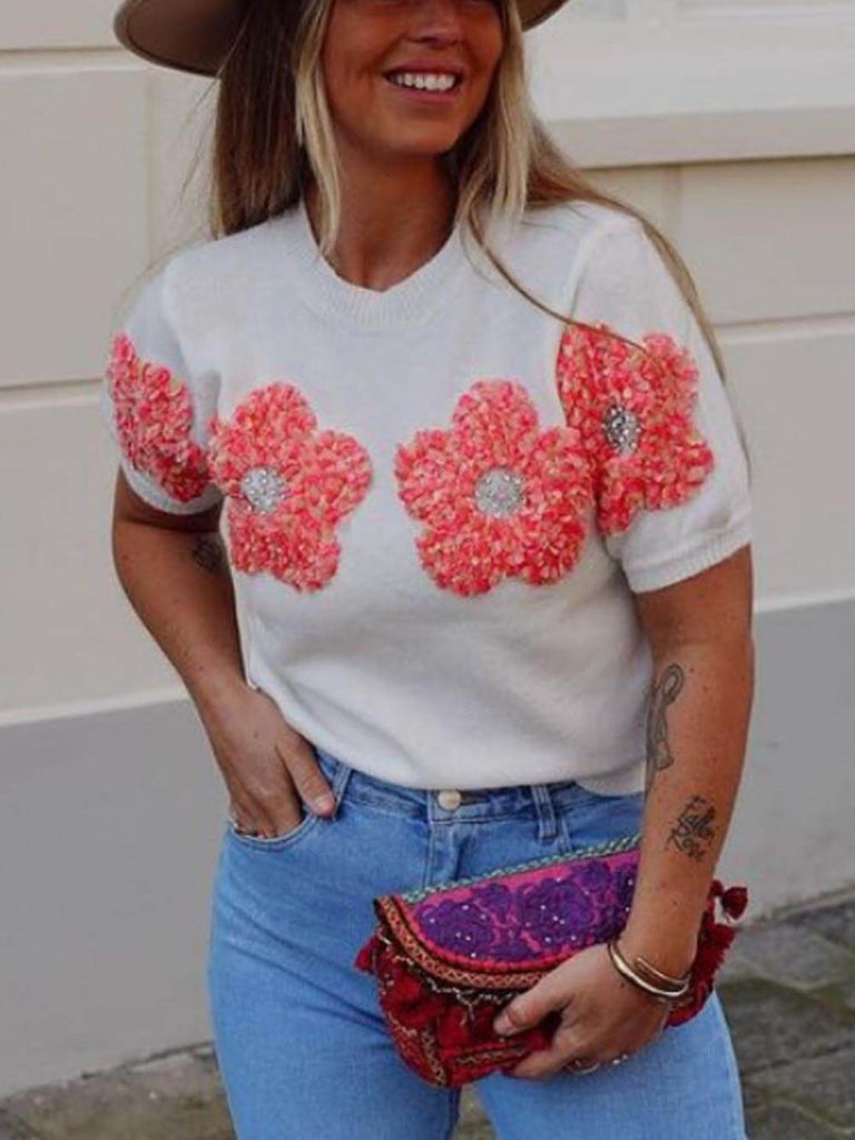 Sweet Contrast Color Flower Round Neck Short Sleeve Sweater