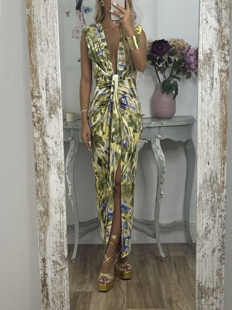 Tie-Dye Deep V Ruched Knotted Maxi Dress