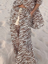 Load image into Gallery viewer, Button Open Collar Loose Zebra Print Drawstring Wide Leg Pants-Set