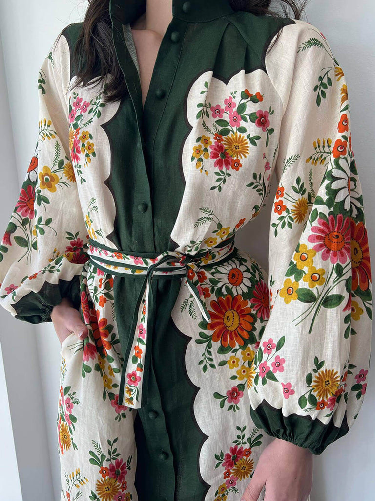 Robe mi-longue à simple boutonnage avec cardigan imprimé élégant