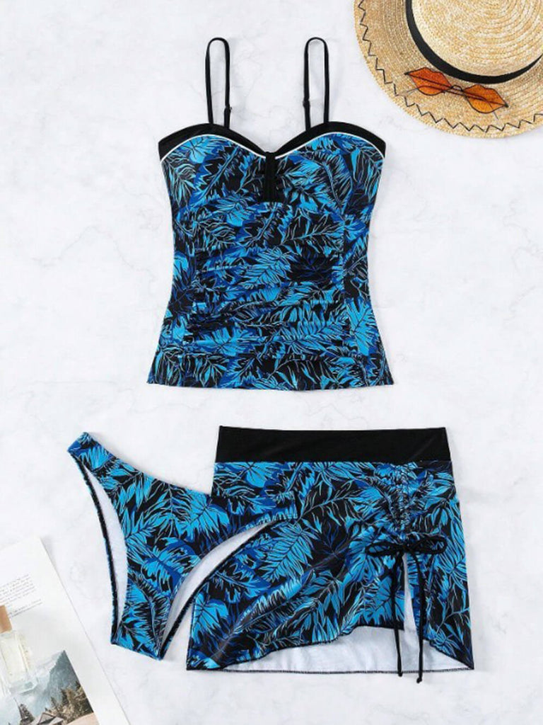 Ensemble tankini trois pièces avec jupe à imprimé feuille de coco