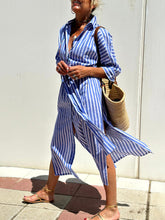 Load image into Gallery viewer, Splendor Stripes Printed Button Half Sleeve Belt Shirt Midi Dress