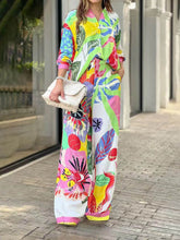 Carica l&#39;immagine nel visualizzatore di Gallery, Ethnic Style Printed Loose Shirt High Waist Wide Leg Pants Suit