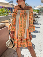 Carregar imagem no visualizador da galeria, Linen Blend Ethnic Print Off Shoulder Loose Mini Dress