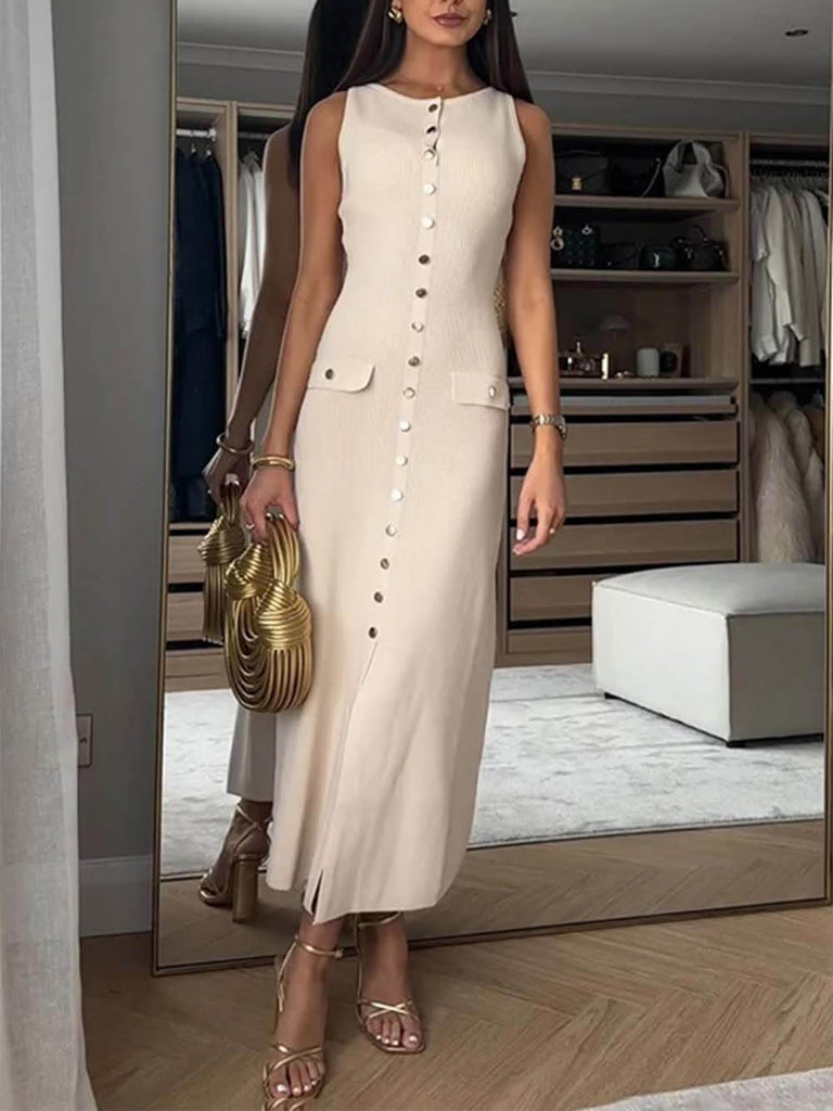 Elegant Crew Neck Buttoned Sleeveless Knit Midi Dress