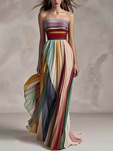 Carregar imagem no visualizador da galeria, Elegant Striped Printed Off-shoulder Pleated Bandeau Maxi Dress