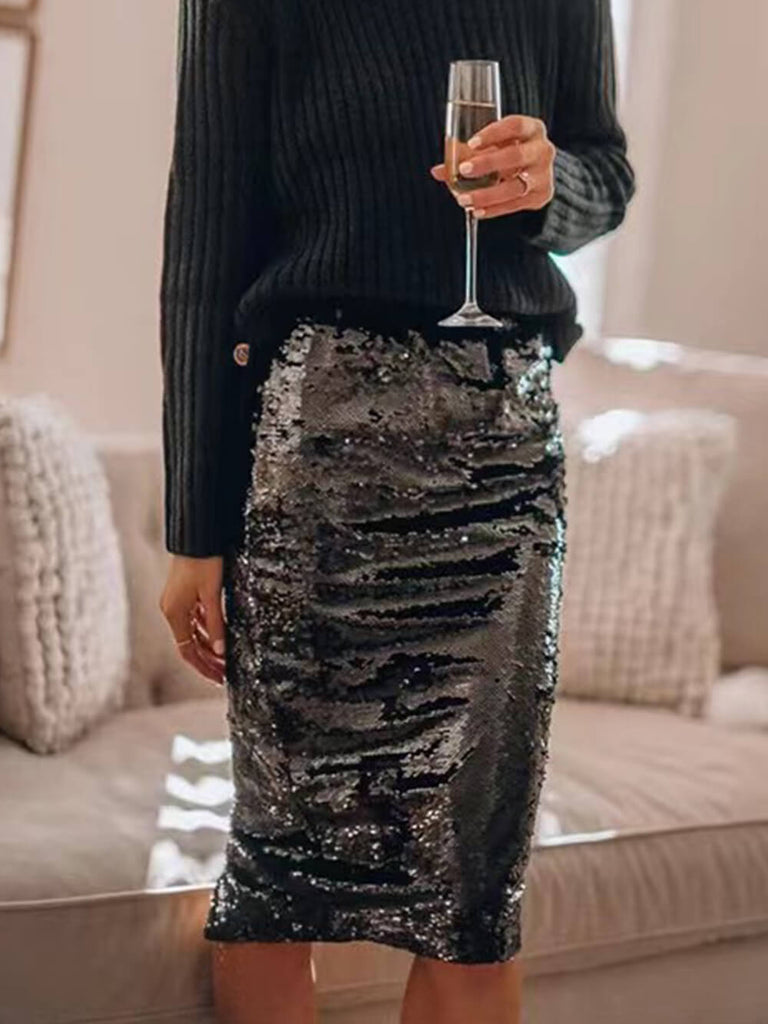 Sequined Hip-Hugging A-Line Skirt