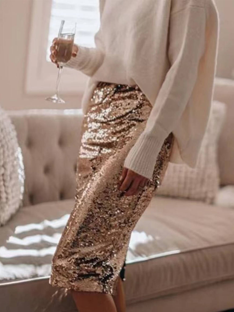 Sequined Hip-Hugging A-Line Skirt