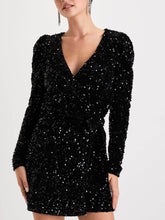 Load image into Gallery viewer, Black Sequin Velvet Long Sleeve Wrap Mini Dress