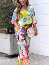 Laden Sie das Bild in den Galerie-Viewer, Ethnic Style Printed Loose Shirt High Waist Wide Leg Pants Suit