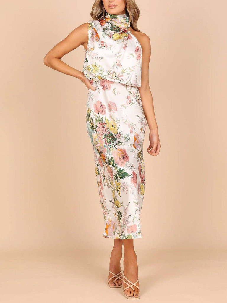 Floral Halter Neck Elastic Waist Maxi Dress