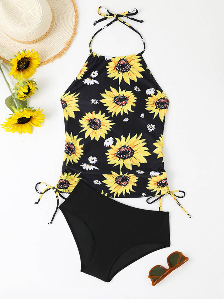 Ensemble tankini à imprimé tournesol avec cordon de serrage et col licou