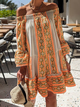 Carica l&#39;immagine nel visualizzatore di Gallery, Linen Blend Ethnic Print Off Shoulder Loose Mini Dress