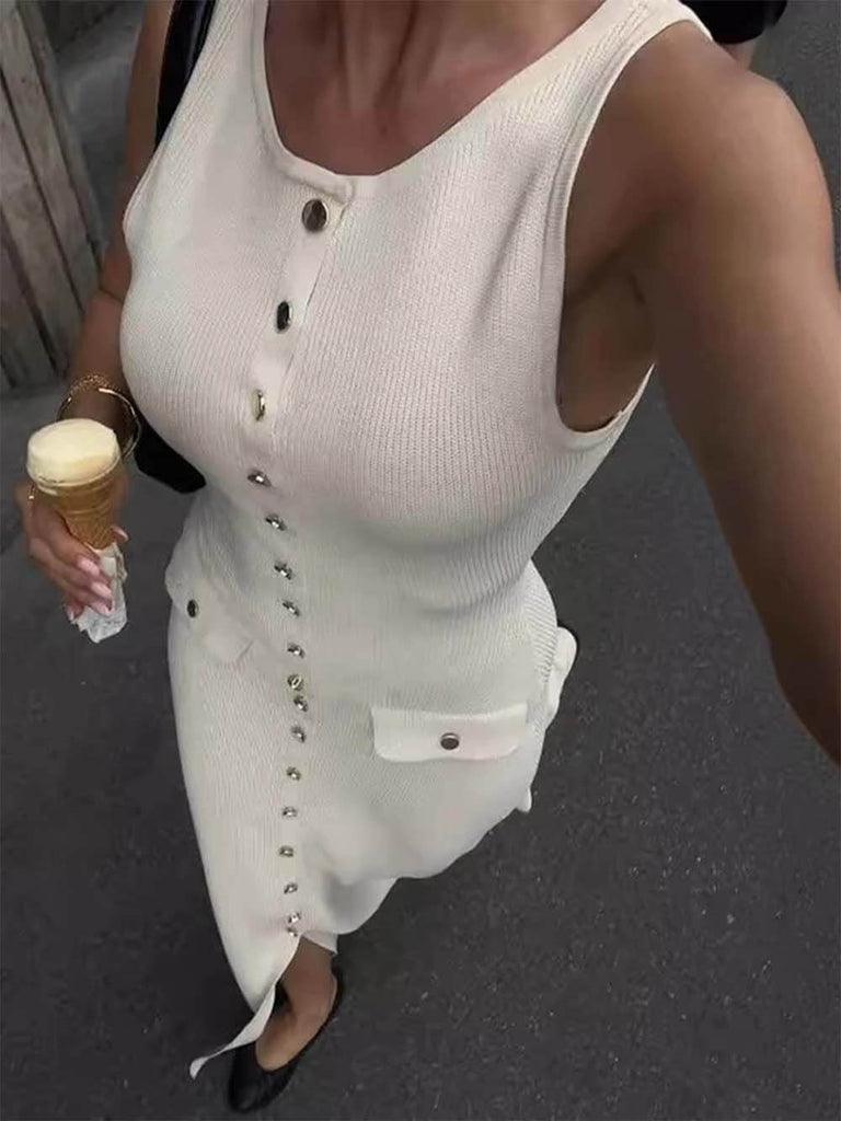 Elegant Crew Neck Buttoned Sleeveless Knit Midi Dress