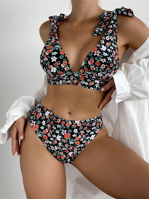 Sexy printed strap buttoned floral bikini set