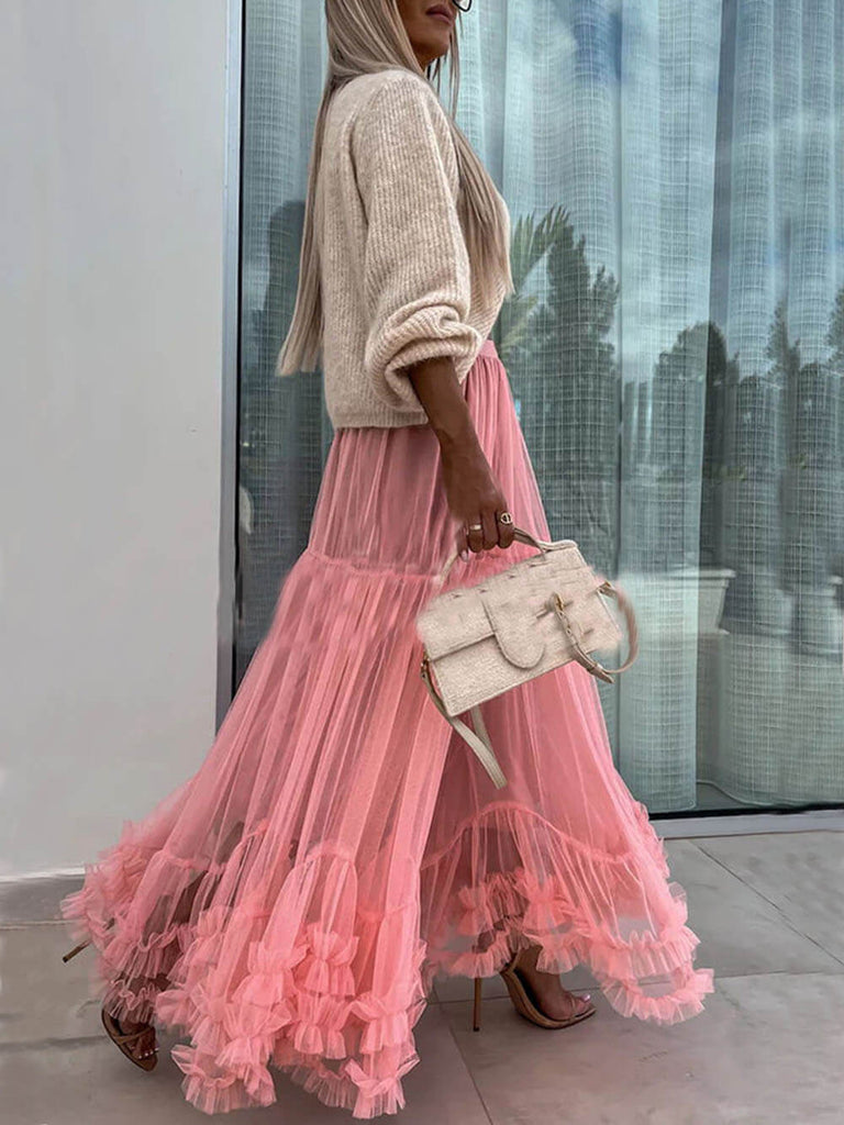 Elegant Tulle Stretch Waist Paneled Pleated Maxi Skirt