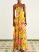 Carregar imagem no visualizador da galeria, Hanging Neck Printed Floral Design Backless Straight Maxi Dress