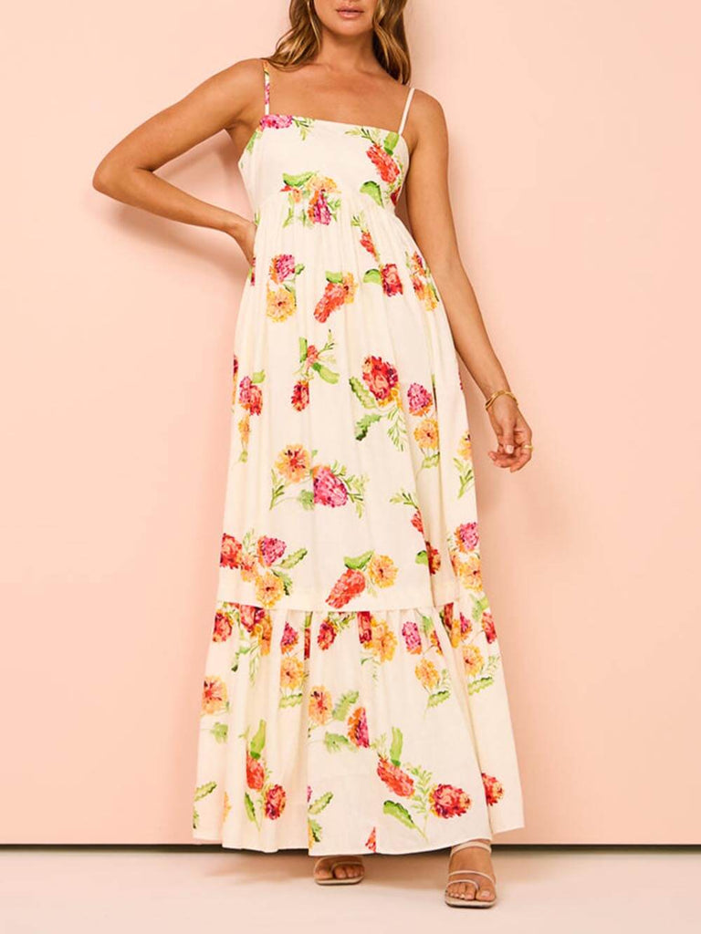 Robe extra longue dos nu à imprimé floral unique