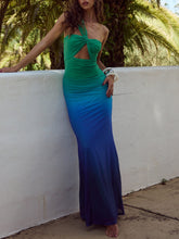 Load image into Gallery viewer, Marine Ombre Asymmetric Neck Evening Gown Maxi Dress