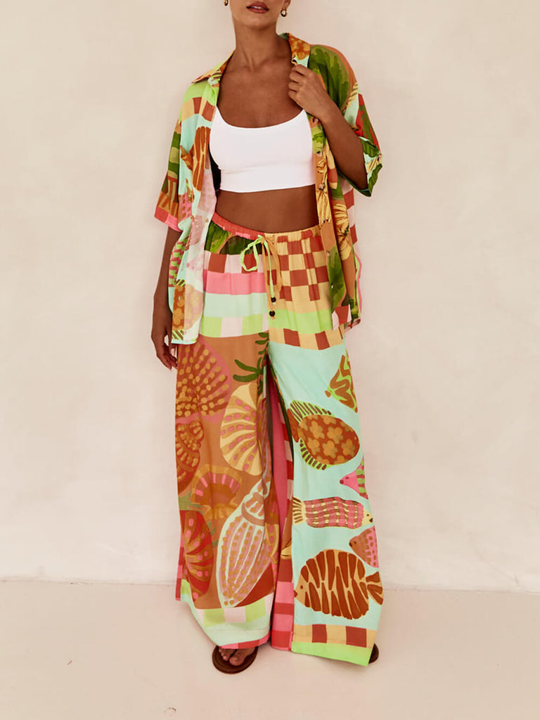 Unique Ethnic Print Elastic Waist Pocket Wide Leg Pants Suit