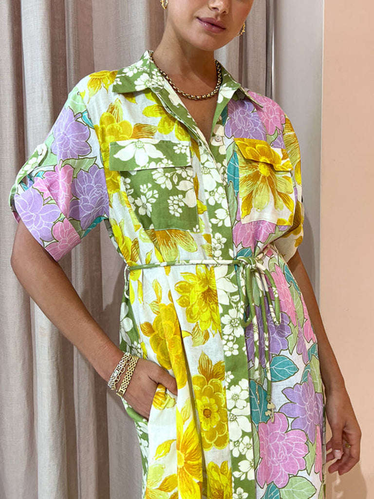 Multicolor Paneled Shirt-Style Midi Dress