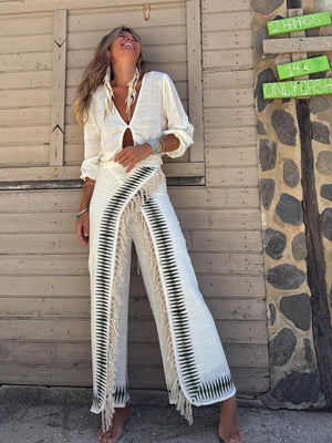 Elar Contrast Black Fringe Pants Set