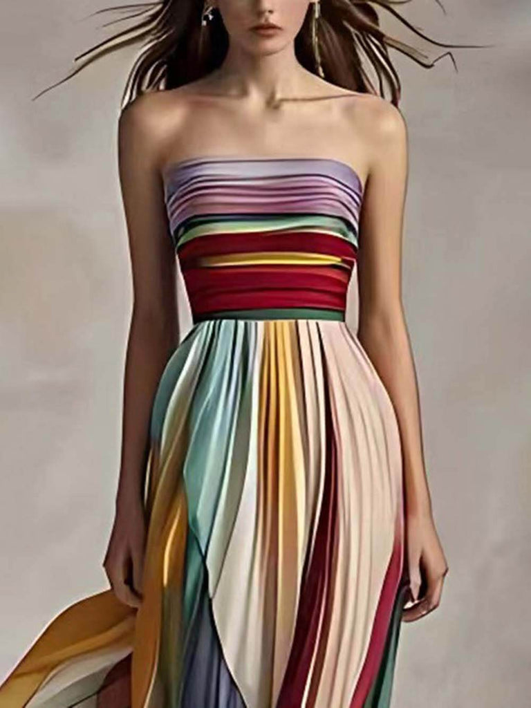 Elegant Striped Printed Off-shoulder Pleated Bandeau Maxi Dress